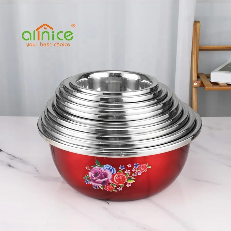 Restaurant Printing Flower Pattern Home Used Round Seasoning Basin Stainless Steel Mixing Bowl for Sale