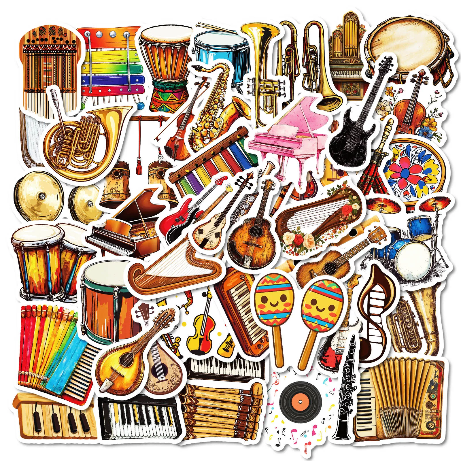 50 Pcs Creative Musical Instruments PVC Self Adhesive Stickers for ...