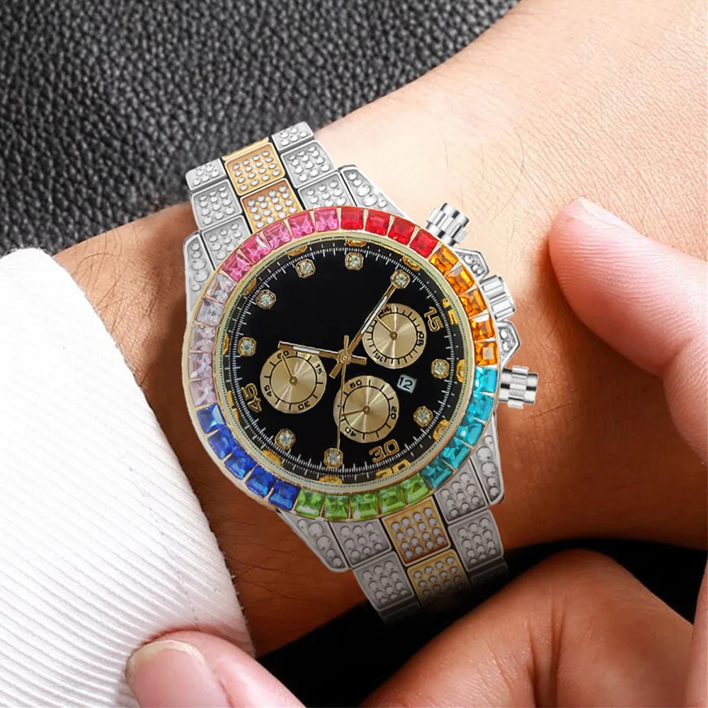 Diamond Watches Bling Hip Hop Iced Out Watch Rainbow Gold Luxury