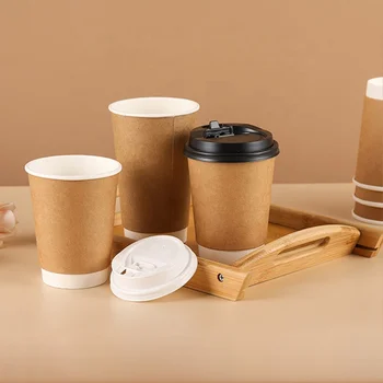 8 12 16 Oz Kraft Paper Drinking Coffee Tea Water Cup Disposable Blank Paper Cups with Black White Lid