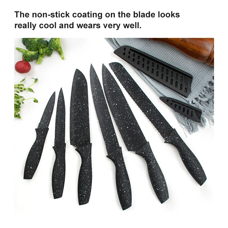 Wholesale Multifunctional Chef Knife Set Stainless Steel 6 PCS Non-stick Coated Kitchen Knife Set with Plastic Sheath