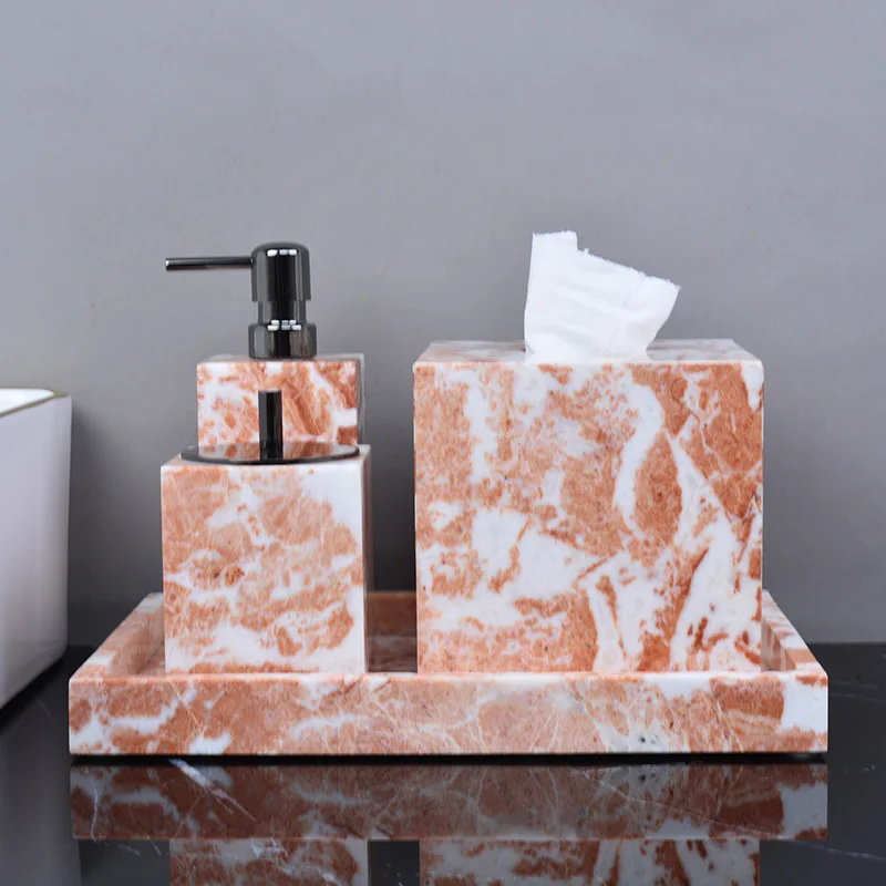 Luxuriöses, modernes und nachhaltiges Marmor-Badezimmer-Set mit 4 Teilen – Schale, Lotionflaschen-Zubehör und Organizer für Heim und Hotel