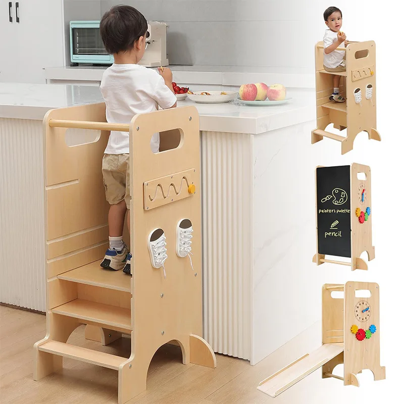 4 in 1 Toddler Kitchen Stool Helper Baby Learning Tower Wooden Montessori Kids Learning Tower