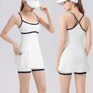 Newest Women Custom Logo Tennis Wear Golf Badminton Pickleball Active Wear Cross Back Dress With Insert Pockets and Shorts