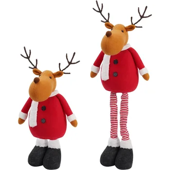 Red Gray Standing Plush Doll Fabric Christmas Reindeer Elk Ornament With Stretchable Legs For Christmas Party Decorations