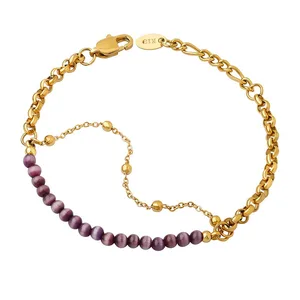 Purple Opal Beaded Bracelet Buckle Gold Plated Stainless Steel Jewelry Gift Double Layer Bracelet for Women Girl