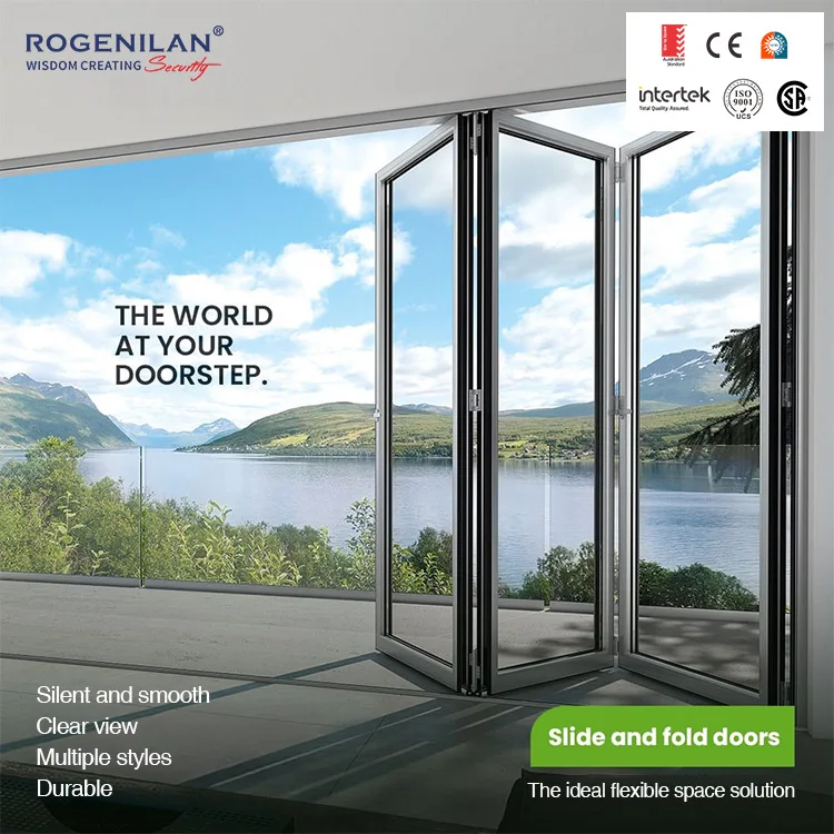 Large Modern Internal Lockable Accordion Sliding Aluminum Frame Bifold Folding Double Glass Patio Doors
