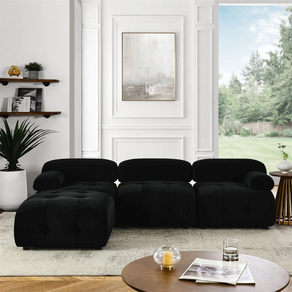 Dongguan Factory Velvet Button Tufted Designed Sectional Moduler Corner Biscuit Sofa Furniture with Chaise Reversible Ottaman