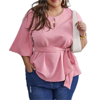 Plus Size Satin Top with Fluttering Butterfly Sleeves - Chic Keyhole Detail & Soft Stretch - Includes Fashionable Belt