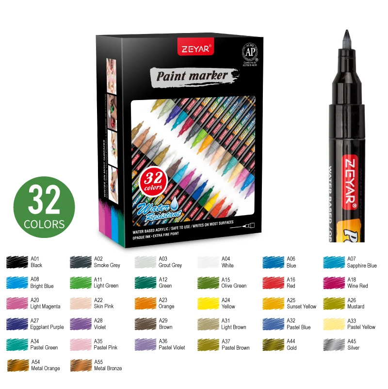 ZEYAR Acrylic Paint Pens Extra Fine Point Water Based Paint Marker for Rock Painting 32 Colors Amazon Hot selling