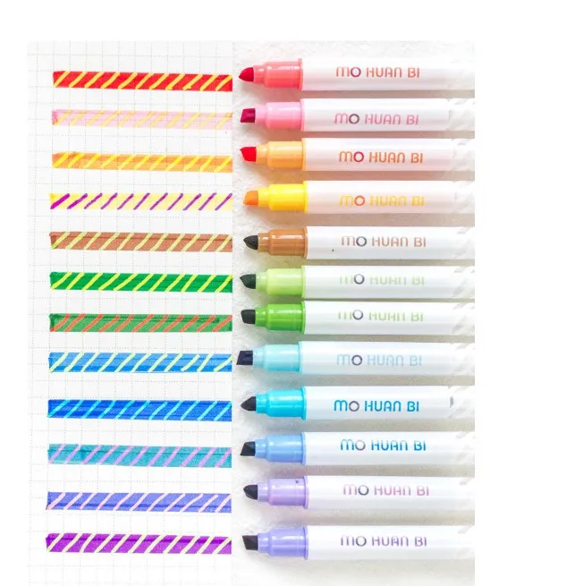 12pcs Creative Magic Color Highlighter Pen Color Changeable Hand Account Marker Pen Set Dual Tip Fluorescent Pen