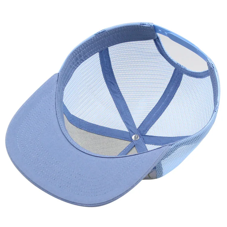 Custom 5-Panel Flat Bill Mesh Trucker Hats with 3D Embroidery Sublimation Printed for Sports and Outdoor Activities