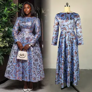 HK7305 Latest Design Autumn Women Casual Dresses Elegant O-Neck Long Sleeve A-Line Long Dresses Women Ruched African Dresses