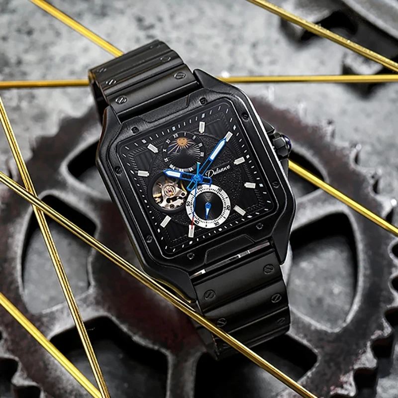Montre Automatique Homme Avec Phase De Lune - Cadran Chiffres Romains, Boîtier Acier, Bracelet Cuir - Neuf étiqueté