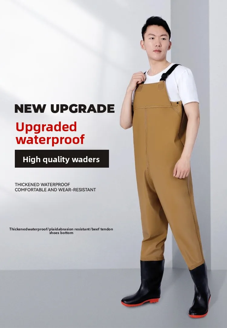 product custom thickened pvc chest wader waterproof adjustable bib rain pants fishing suit with boots for fishery  water activities-1