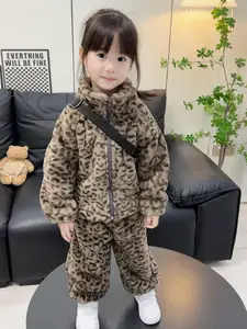 Children's Korean-style Thickened Leopard Two-piece Velvet Suit Set for Girls Boys Imitation Rabbit Fur Trim Warm Winter Wear