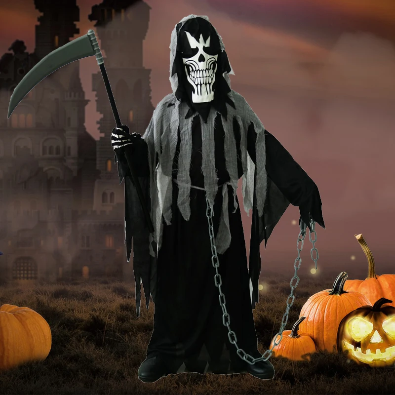 Costume Demone Fantasma Per Bambini - Tuta Nera Con Cappuccio E Maschera Integrata Per Halloween