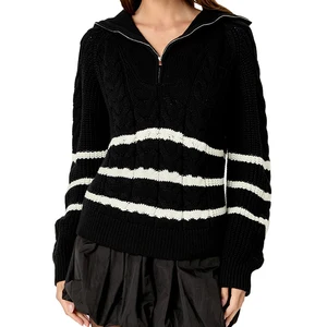Custom High Quality Spring Autumn  Women's Knit Sweater Half Zip Cable Knit Casual Preppy  Striped Color Stylish Party Look