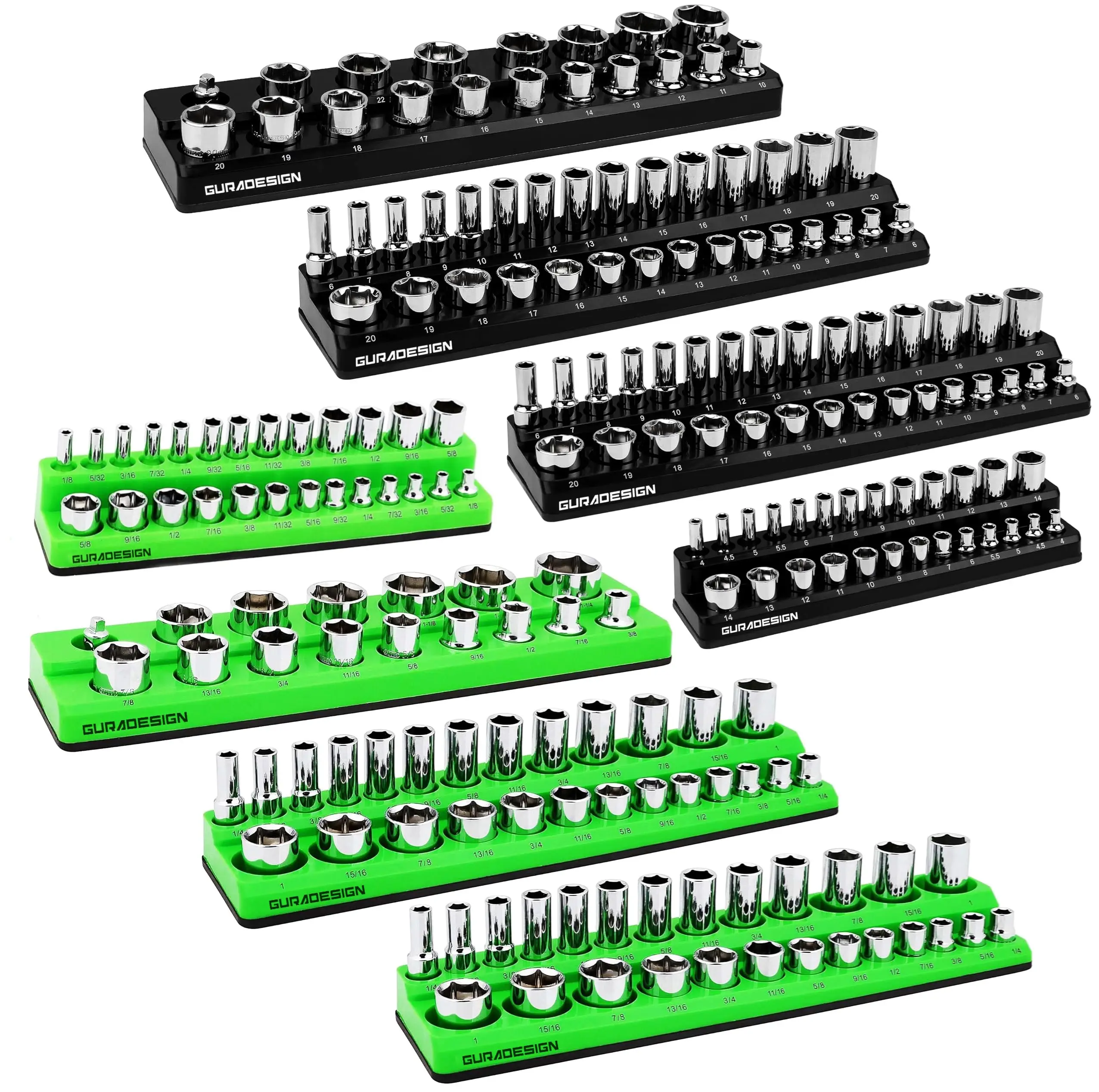 8PCS Chrome Finish Magnetic Socket Organizer Set with 1/4" 3/8" 1/2" Sockets Holds 171 Pieces - view 1