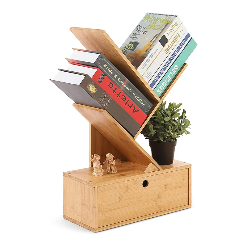Wholesale Bamboo Tree Book Rack Drawer Desktop Organizer Bookshelf Free-Standing CDs Holder Multifunction Display Rack Bedroom