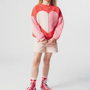 OEM ODM Kids Girls Long-Sleeved Contrast Sleeves Two-Tone Heart Patch Colorblock Neck Sweatshirt Tops