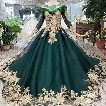 2020 Dark Green Prom Dresses Gold Flower Appliques Long Sleeves Evening ...