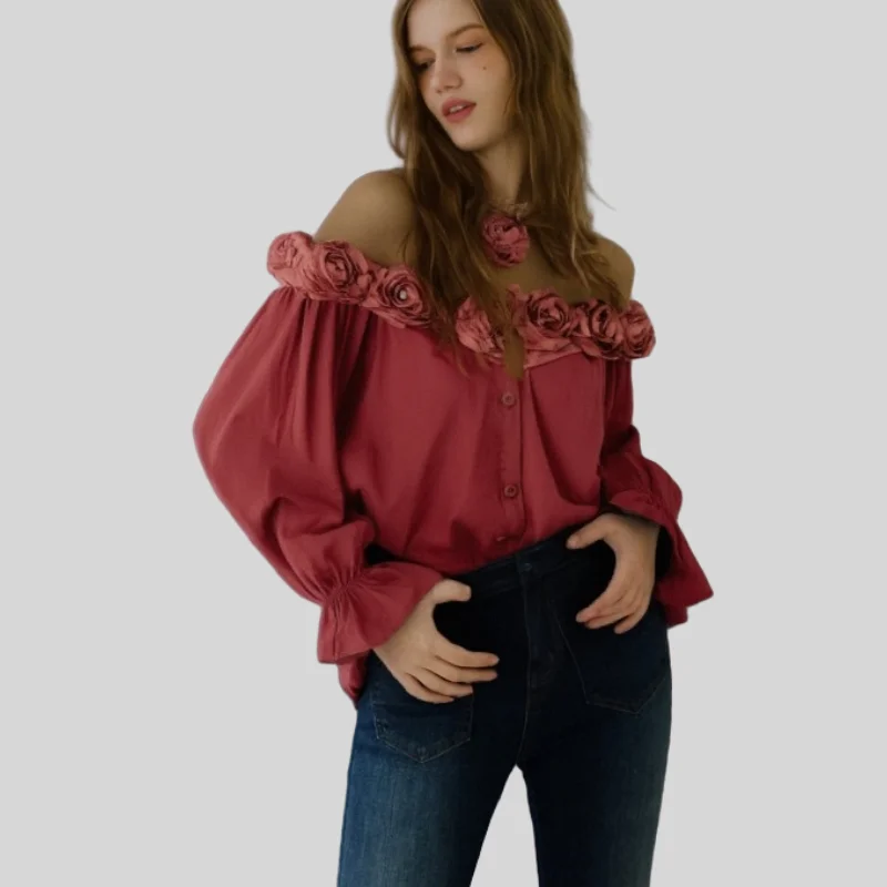 Women's Chiffon Tops Cotton and Linen 3D Flower Red Off-Shoulder