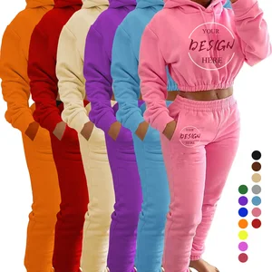 Custom Logo Women 2 Piece Sweatsuit Set Stacked Joggers Sweatpants Hoodie Tracksuit Athletic Gym Sportswear Fashion