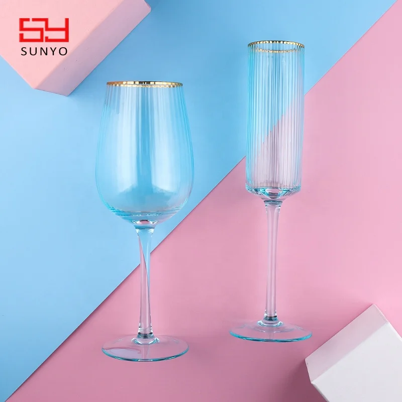 Sunyo Wholesale Hand Craft Customized Unique Gold Rim Pink Ribbed Wine Glasses Hot Pink Crystal Goblet Coupe Red Wine Glass