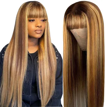 Cheap Human Hair 4/27# Colour Highlight Wigs Brazilian Hair Non Lace Wig With Bangs Machine Made Human Hair Wigs For Black Women