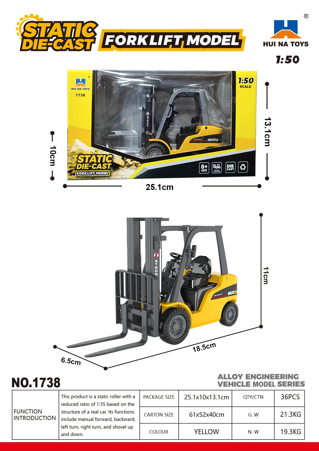 Huina 1738 1/50 Alloy Forklift Static Model Children Toy