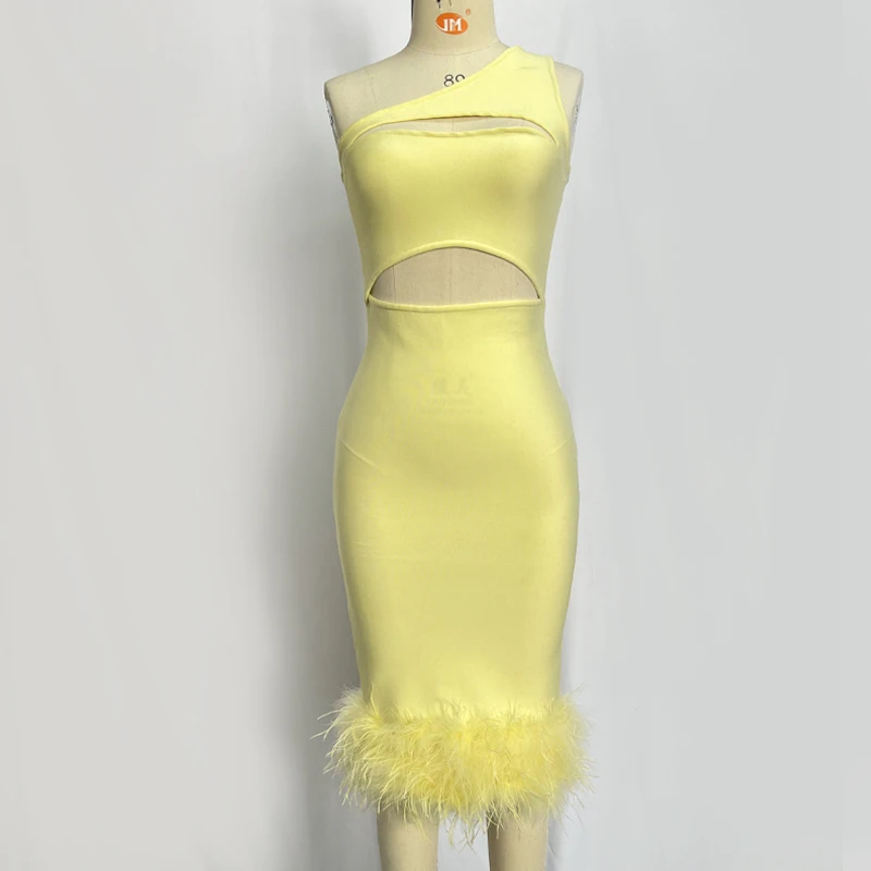 SB2230 Evening Dresses Women Lady Elegant Hollow Cut Out One Shoulder  Bandage Dress With Feathers