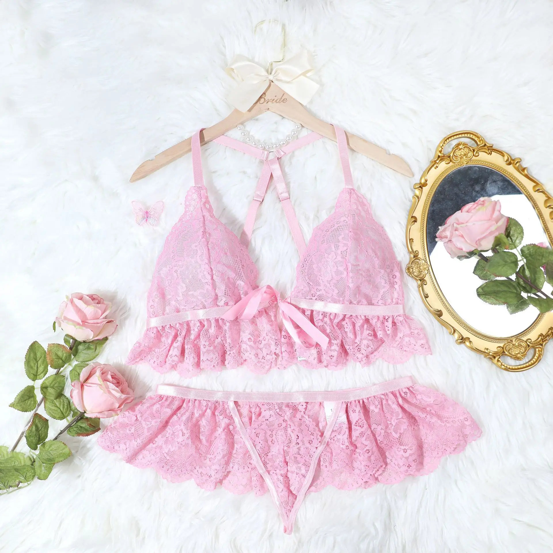 JSMANA Erotic Sexy Temptation Plus Size 2 Piece Set Lingerie Pink Color Sexy New Women Lace Bra Suit Ribbon Bow Top & Shorts Set