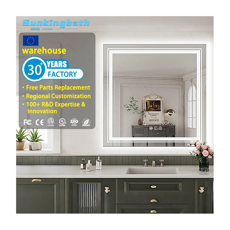 Top Sale Waterproof Defogger Illuminated Makeup Smart Mirror Square Touch Switch Led Bathroom Mirror With LED Light for Hotel
