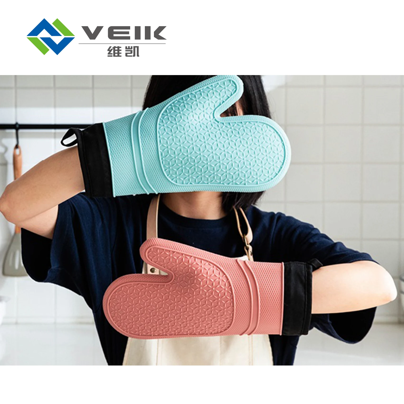 Heat Resistant Oven Usage Kitchen Silicone Glove with Cotton Lining Inside