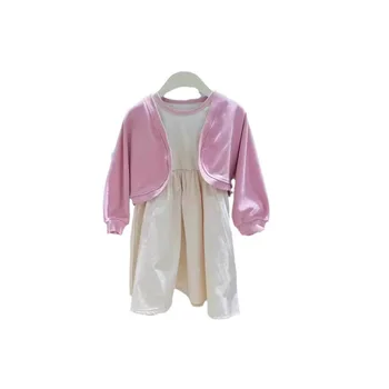 2025 Girls' Dress Set Children's Vest Dress Cardigan Two-piece Set Autumn New Style Vacation Children's Wear