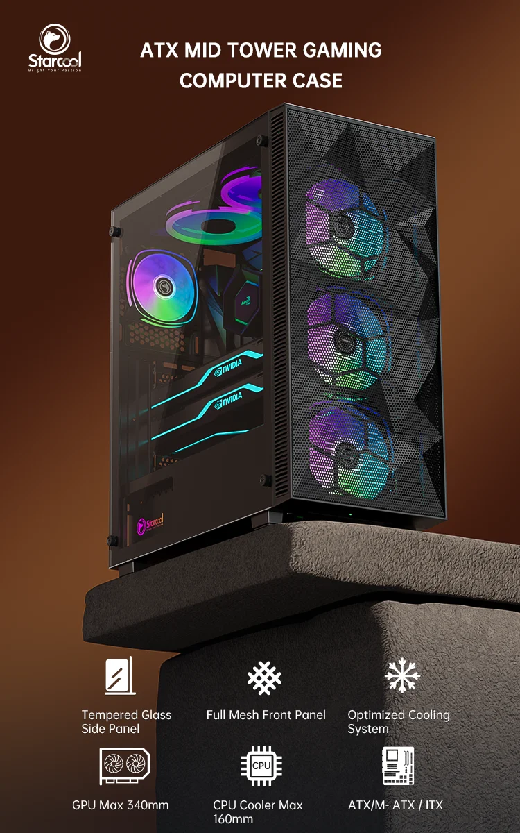 KINPOWER Gaming PC Case - Mid Tower Mesh Panel Tempered Glass