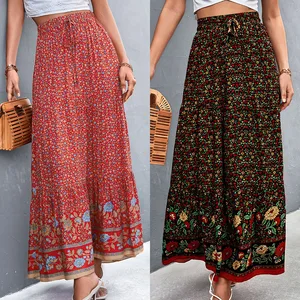Women Hot Seller a Line High Waisted Floral Print Skirt Ladies Bohemia Style Floral Print Maxi Skirt