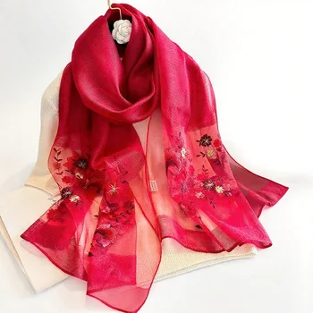 Wholesale Imitation Silk Scarves Embroidered Floral Pattern Shawl Scarf Wrap Shawls Lightweight Ladies Embroidered Shawl