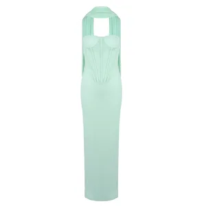 Custom Summer New Light Green Halter Neck Tulle Ribbon Dress Slim High Waist Floor-length Dress for Women