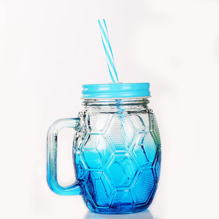 500ml Gradient Color Football Shape Water Mason Glass Jar With Handle