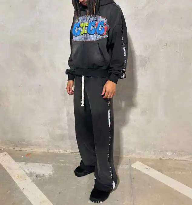 Salati Custom Men's Oversized Cotton Raw Hem Vintage Acid Wash Sweat Pants Baggy Wide Leg Rhinestone Sweatpants gallery 2