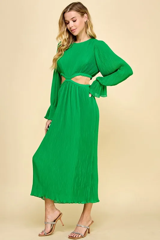 A Long Dress For Women With A Round Neckline, Pleated At The Waist, And Featuring Cutouts. - Image 3