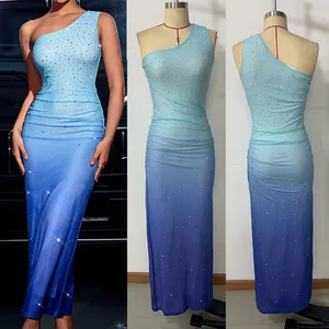 New Fashion One Shoulder Rhinestone Elegant Women Summer Blue Ombre Maxi Bodycon Party Evening Dresses