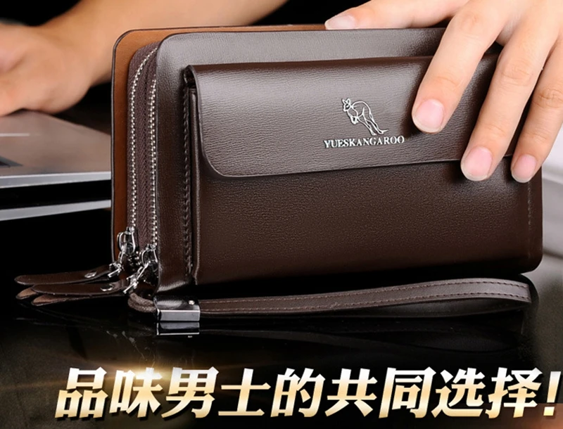 YUESKANGAROO Men Clutch Bag Fashion Long Purse Double Zipper Business  Wallet Male Casual Bag Black 