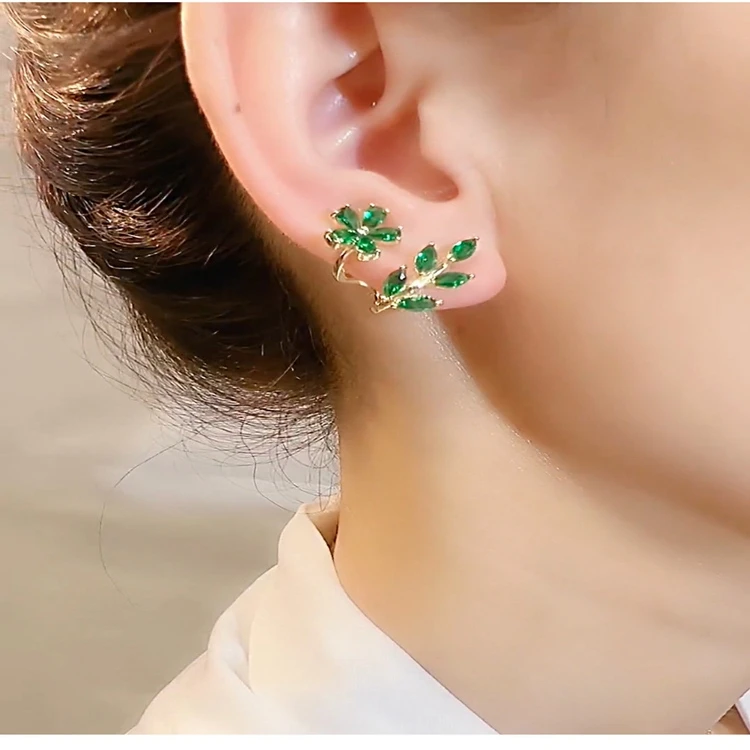 AL-08 Fashion Wholesale Women Earrings Ear Jewelry Green Leaf Flower Crystal Rhinestone Diamond Stud Ear Rings