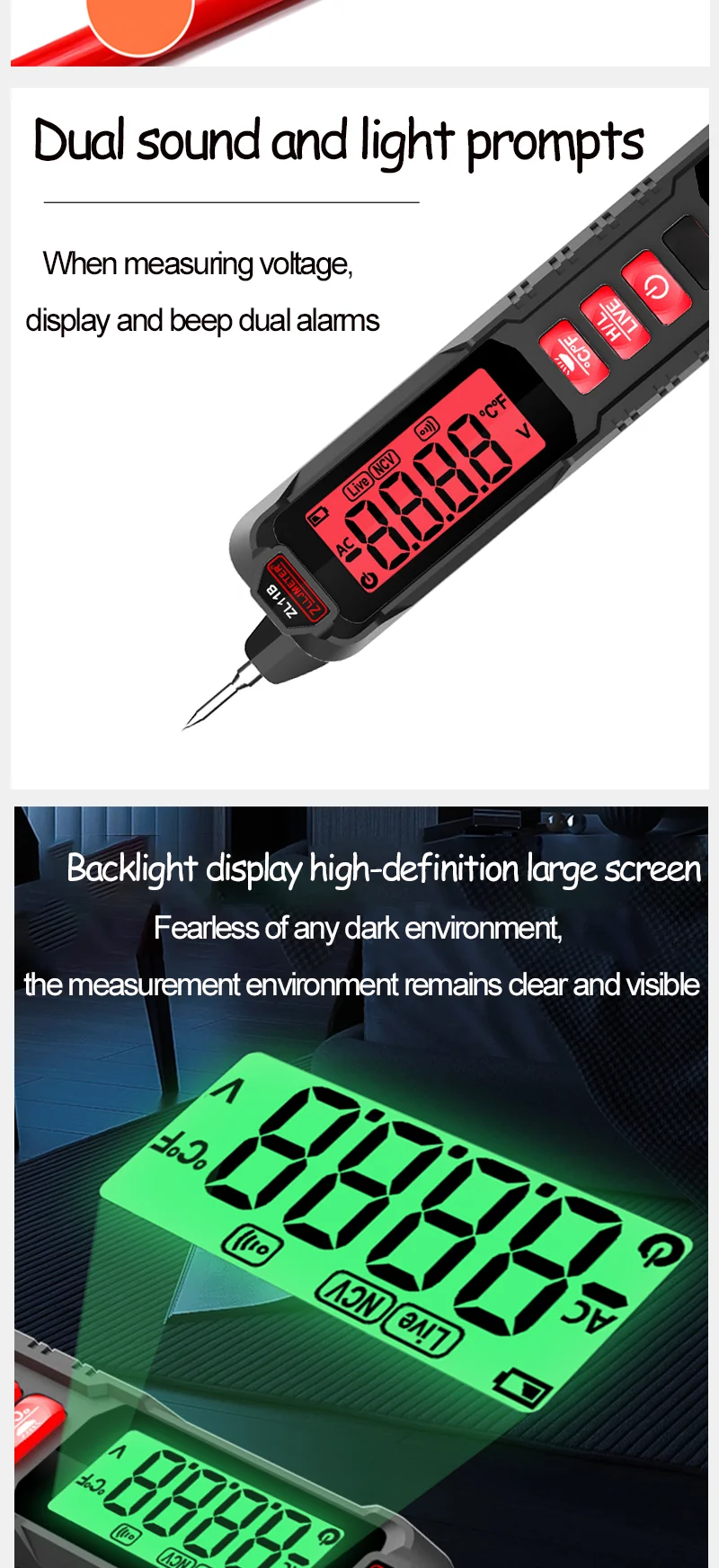 Smart Rechargeable AC 12-300V Non-Contact Voltage Tester Pen with 500mA Current Indicator and Backlight