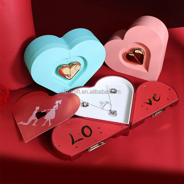 Creative Valentine's Day Gift Box Double Open Heart Design with Pink Color for Ring Necklace Jewelry Packaging