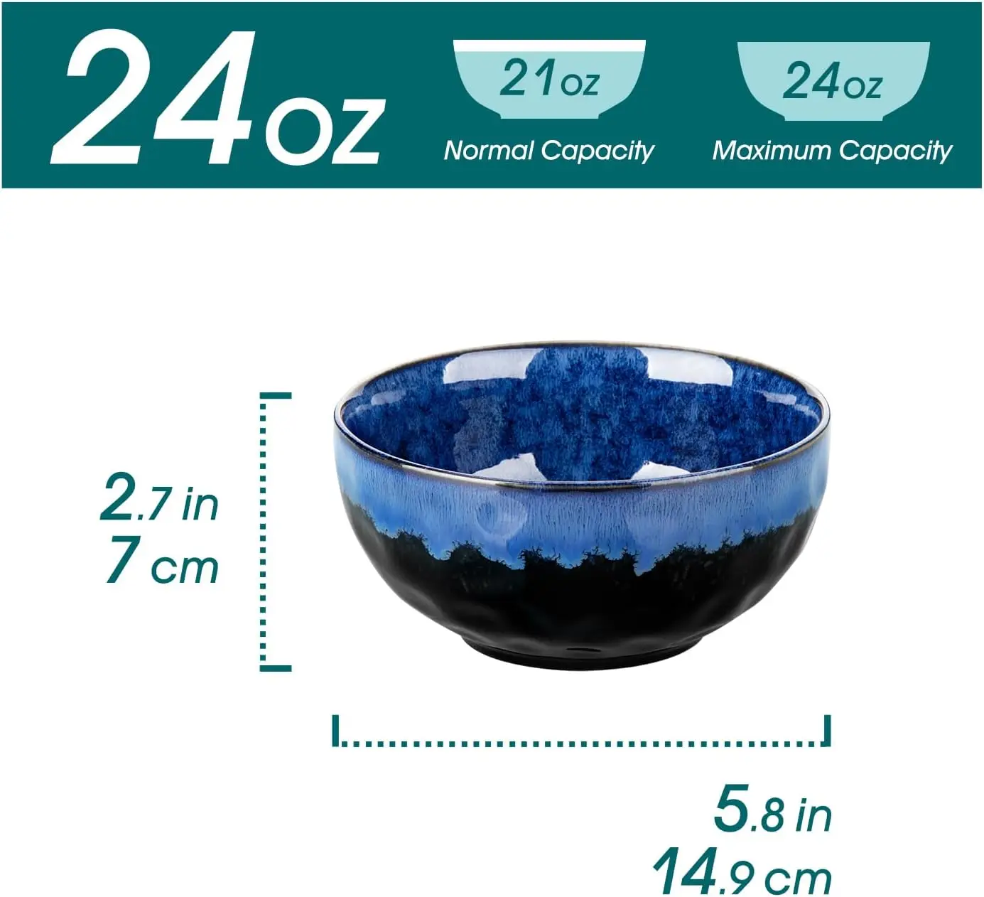 Customizable ceramic soup bowl set of 4, lead-free, non-toxic, dishwasher and microwave safe, blue, color customizable