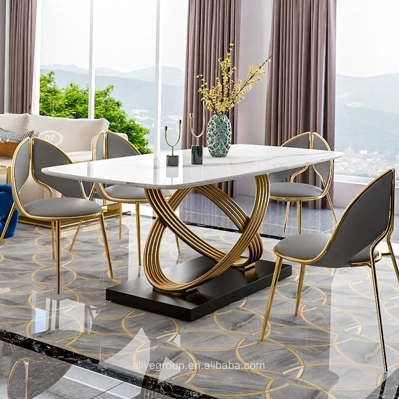 Foshan High End European Style Modern Design Marble or Slate Top Metal Base  Luxury Dining Table for Restaurant and Dining Room